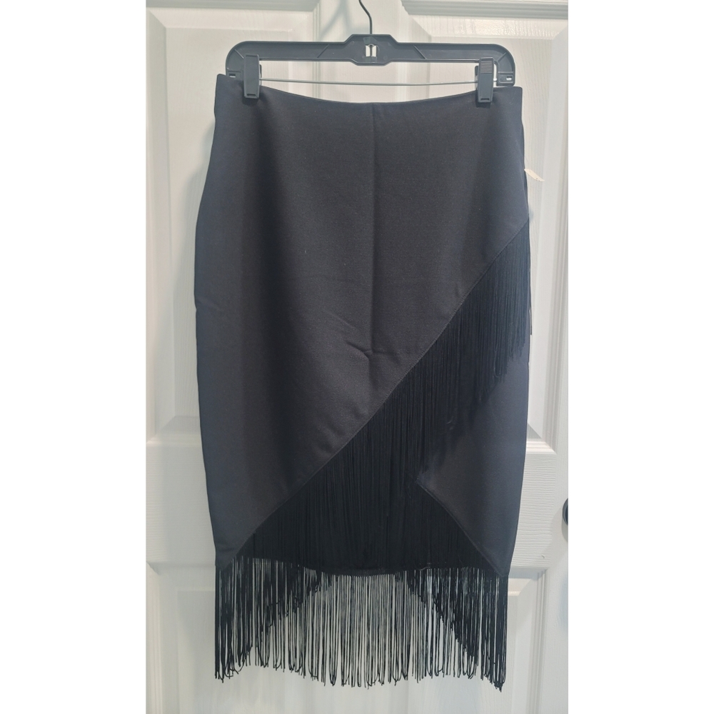 FOREVER21 Black Faux Wrap Fringe Pencil Skirt Sz Large